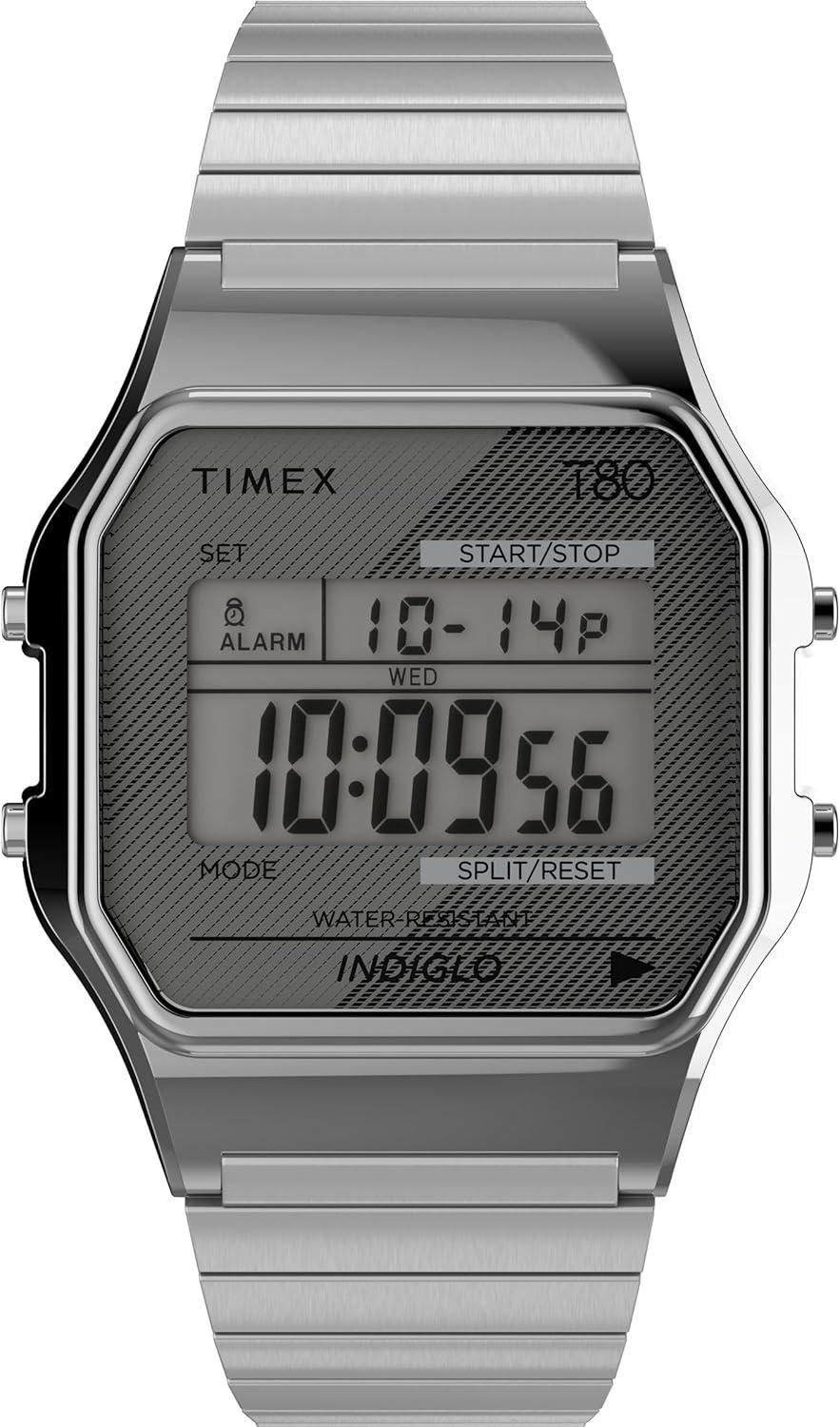 Timex T80 34mm Watch – Silver-Tone with Stainless Steel Expansion Band