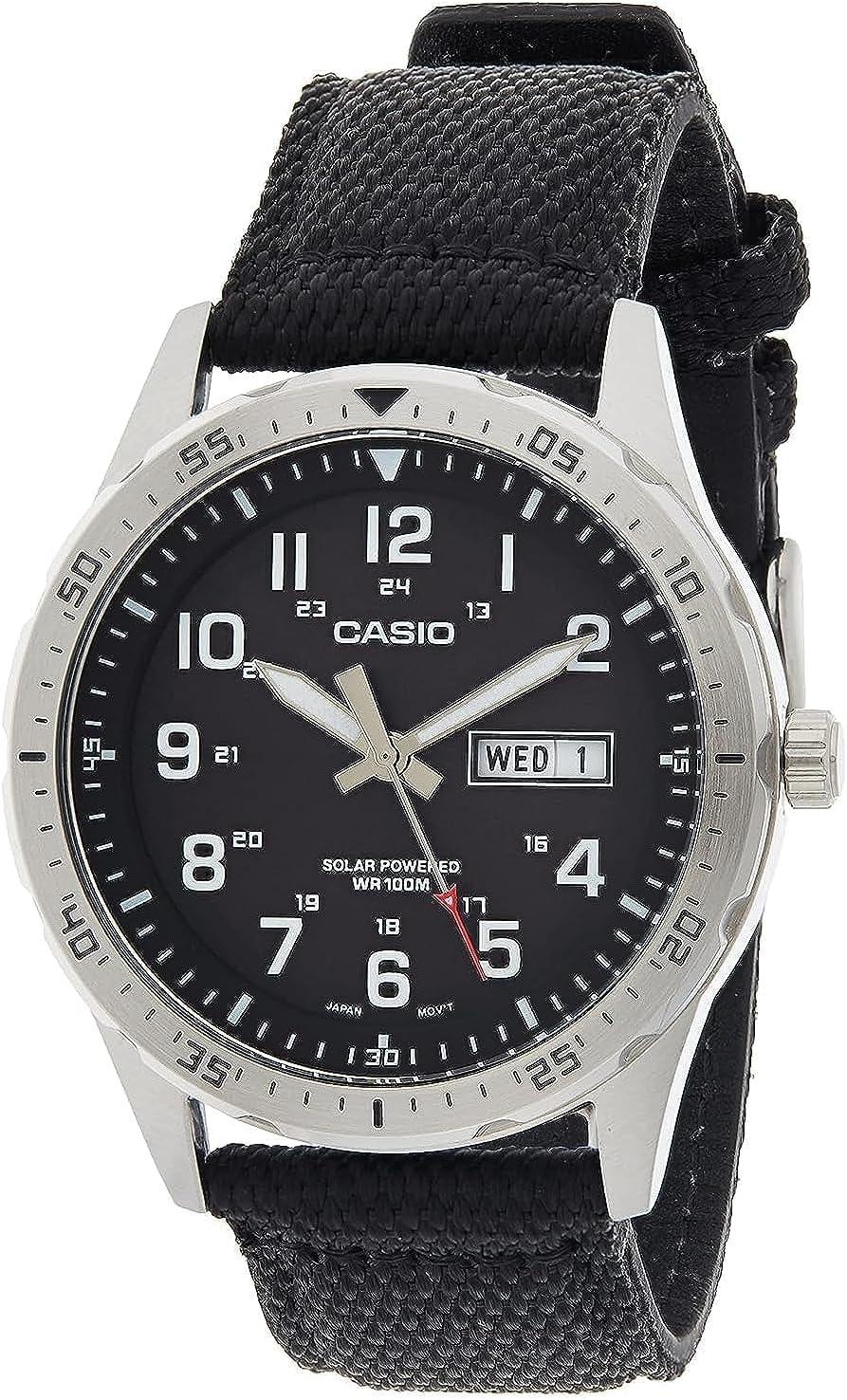 Casio Men's Solar Powered Stainless Steel Quartz Cloth Strap, Black, 22 Casual Watch