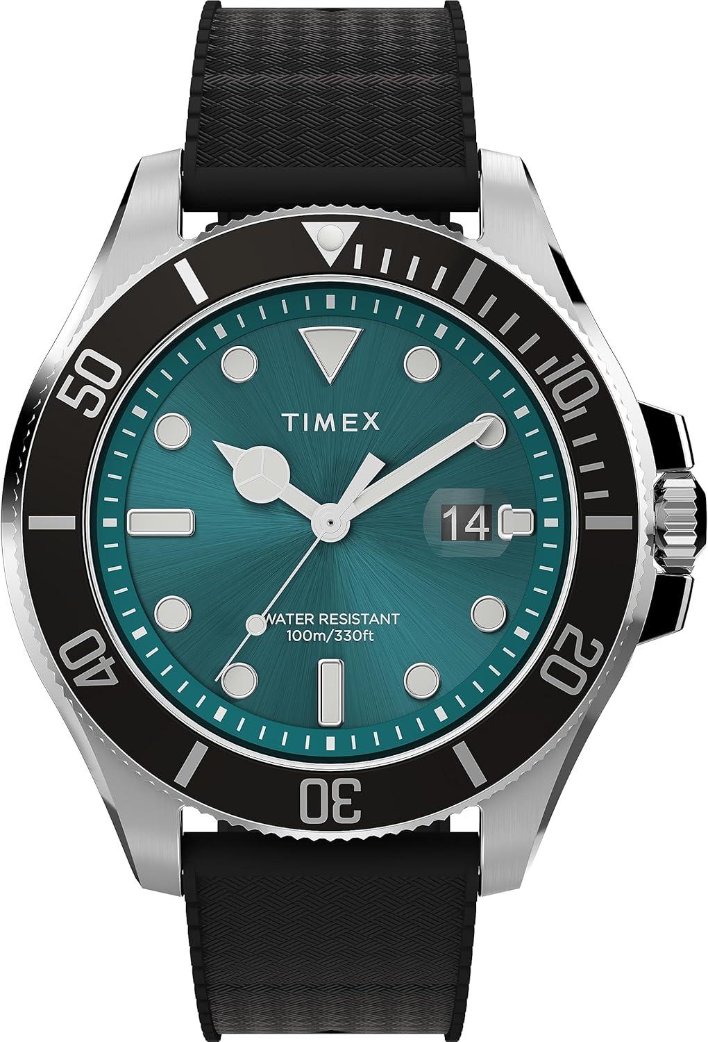 Timex Men's Deep Water 43mm Watch - Black Strap Green Dial Silver-Tone Case