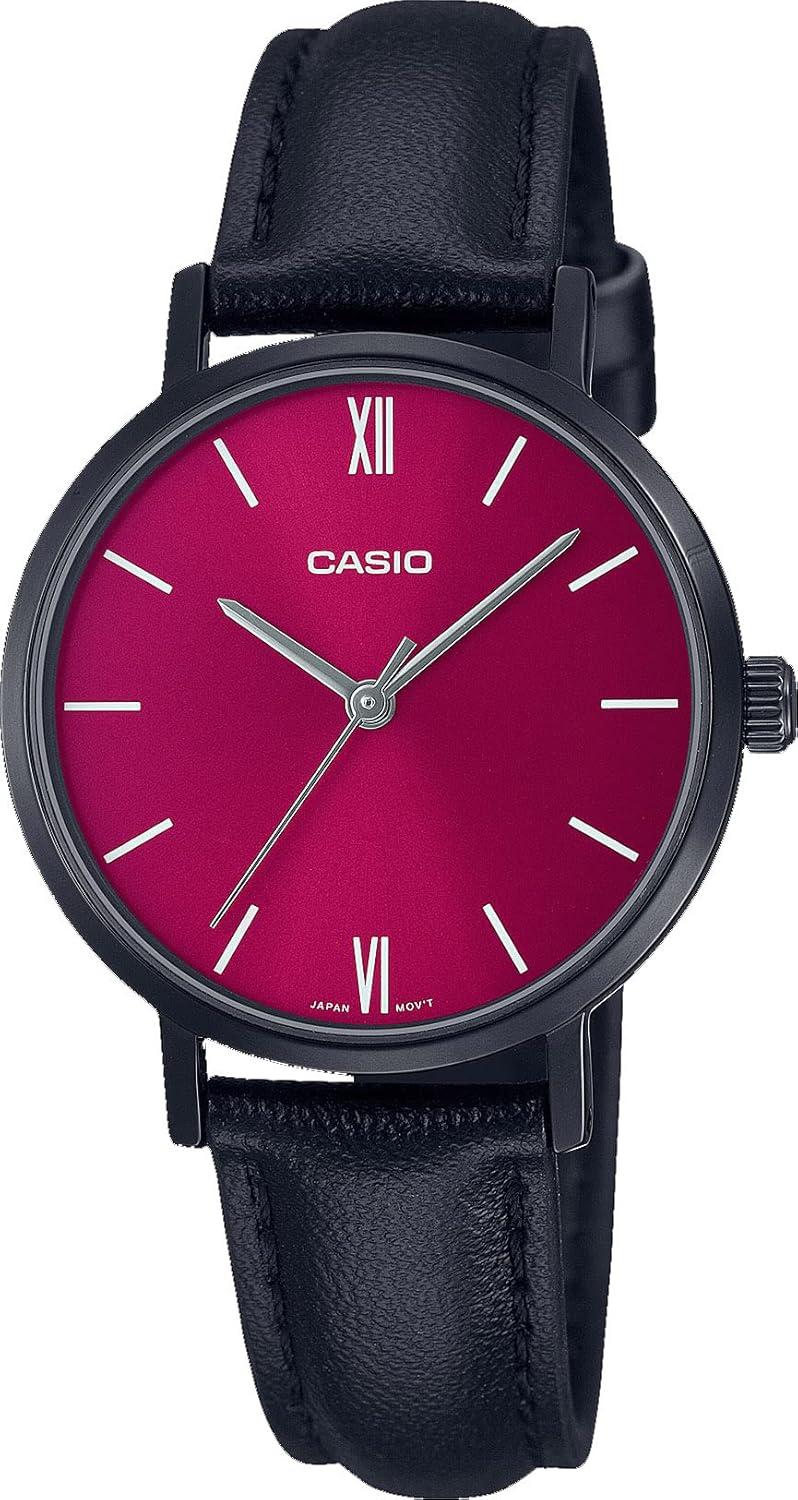 Casio LTP-VT02BL-4A Women's Minimalistic Black IP Red Dial Leather Band Watch