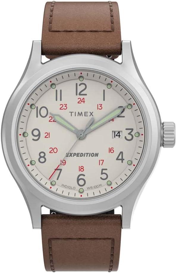 Timex Men's Expedition Sierra 41mm Watch – Natural Dial Stainless Steel Case with Brown Genuine Leather Strap