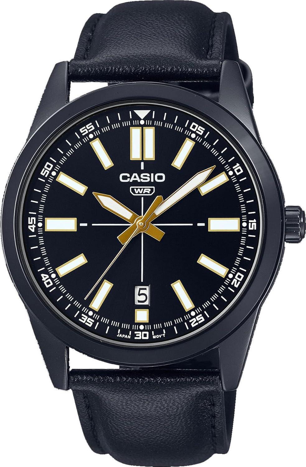 Casio MTP-VD02BL-1E Men's Black IP Black Dial Leather Band 3-Hand Analog Watch