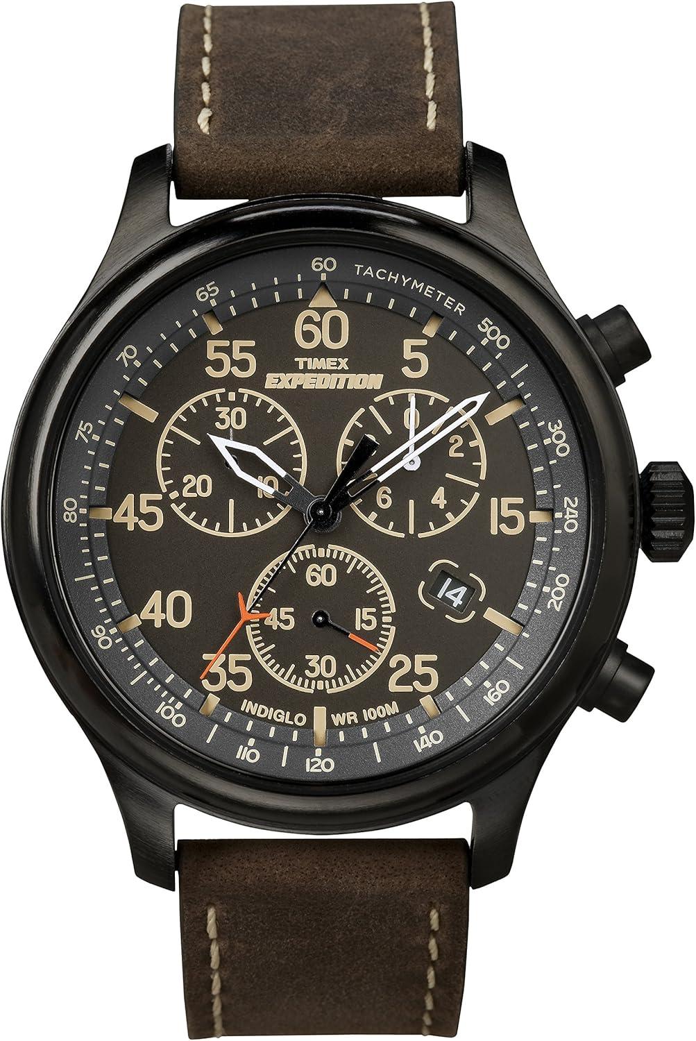 Timex Men’s T49905 Expedition Field Chronograph Black/Brown Leather Strap Watch
