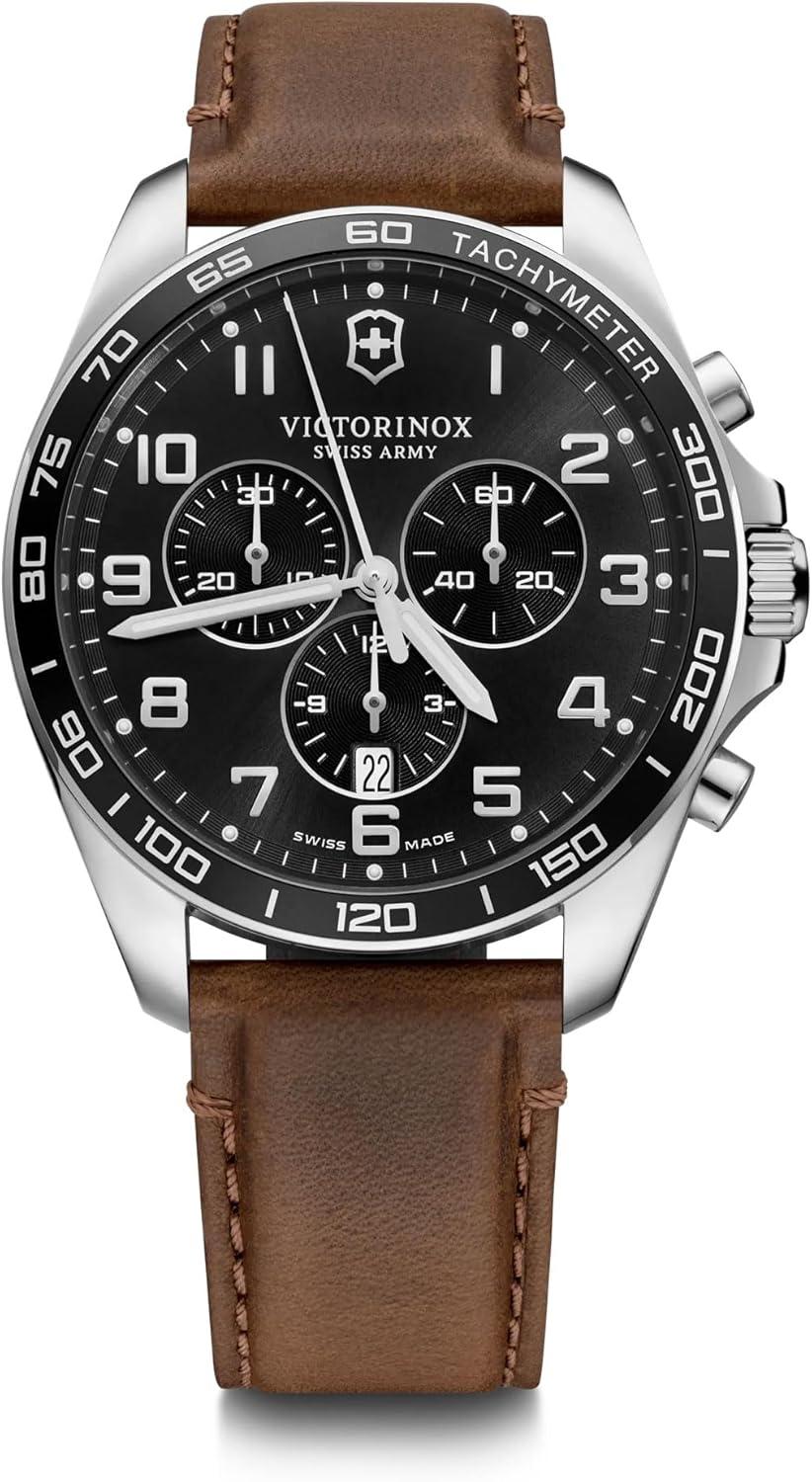 Victorinox FieldForce Classic Chrono Black Brown Leather Strap Watch 42mm - 241928