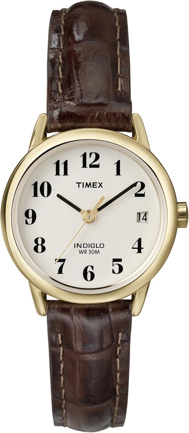 Timex Women's Easy Reader 25mm Watch – Gold-Tone Case Natural Dial with Brown Croco Leather Strap