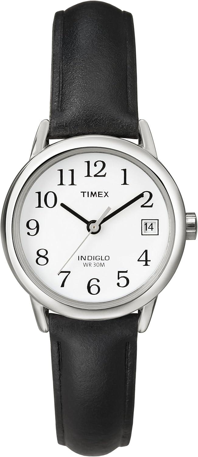Timex Women's Easy Reader 25mm Watch – Silver-Tone Case White Dial with Black Leather Strap