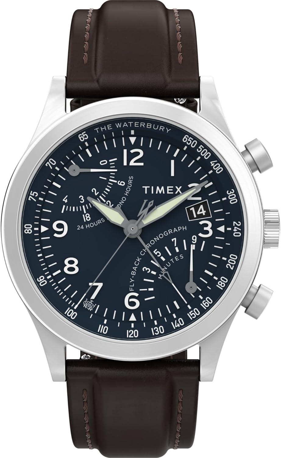 Timex Men's Waterbury Chronograph 42mm Watch - Brown Strap Blue Dial