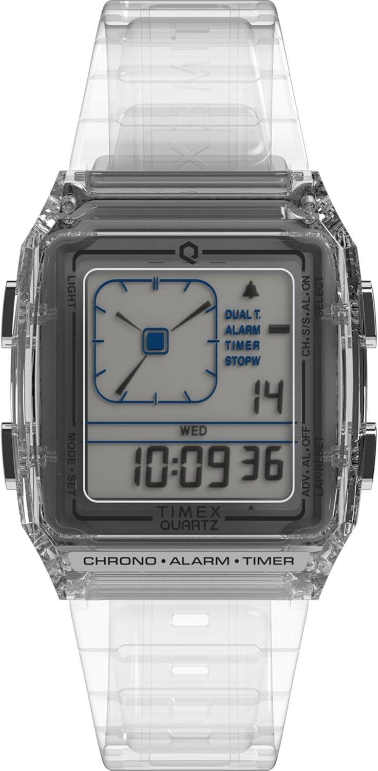 Timex Unisex Q LCA 35mm Watch - Clear Strap Digital Dial Clear Case