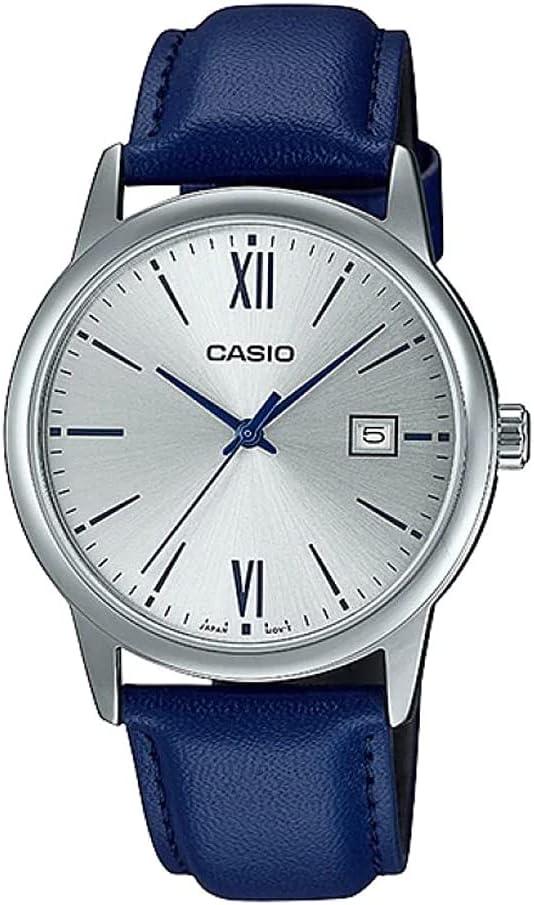Casio MTP-V002L-2B3 Men's Standard Dress Analog Blue Leather Band Silver Dial Date Watch