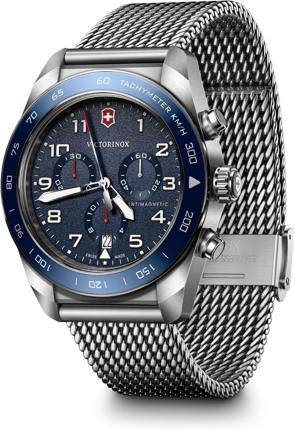Victorinox Swiss Army Chronograph Blue Dial Mesh Stainless Steel Watch 42mm