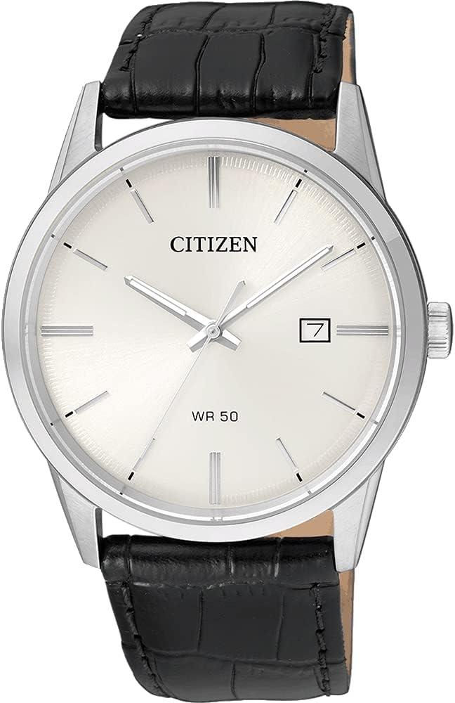 Citizen Quartz Men's Watch, Stainless Steel with Leather Strap, Black (Model BI5000-01A)
