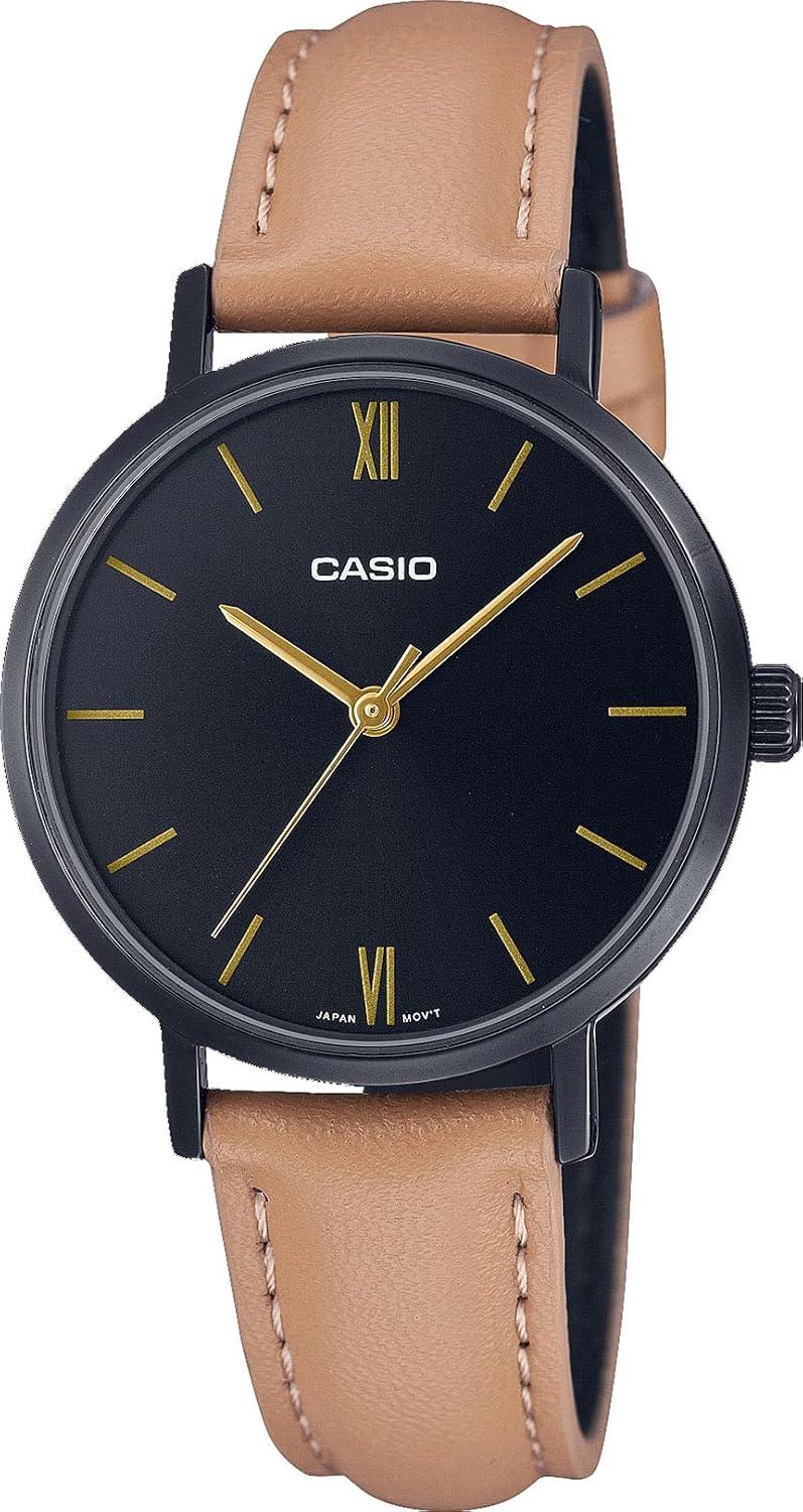 Casio LTP-VT02BL-1A Women's Minimalistic Black IP Black Dial Leather Band 3-Hand Analog Watch
