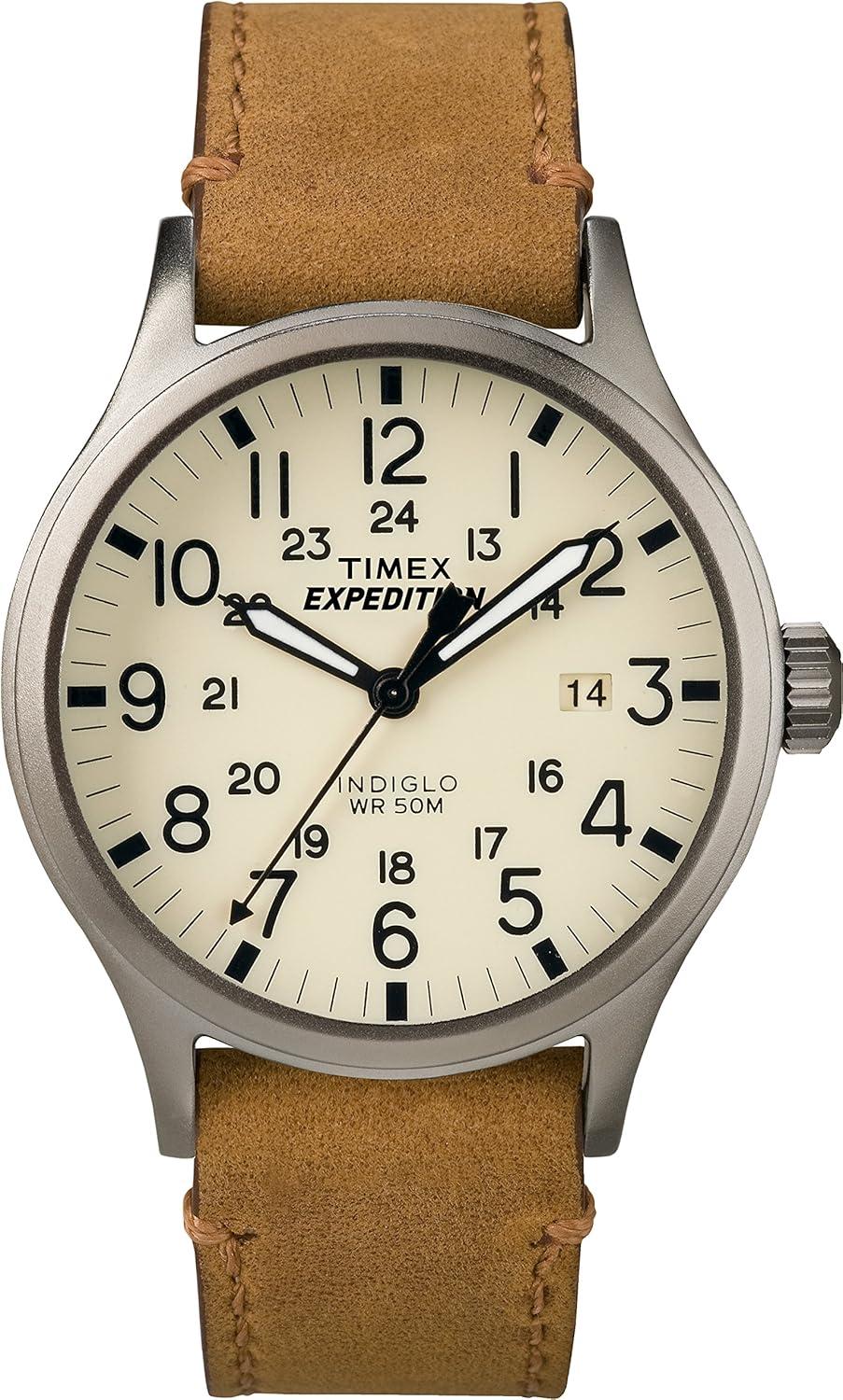 Timex Men's Expedition Scout 40mm Watch – Gray Case Cream Dial with Tan Leather Strap