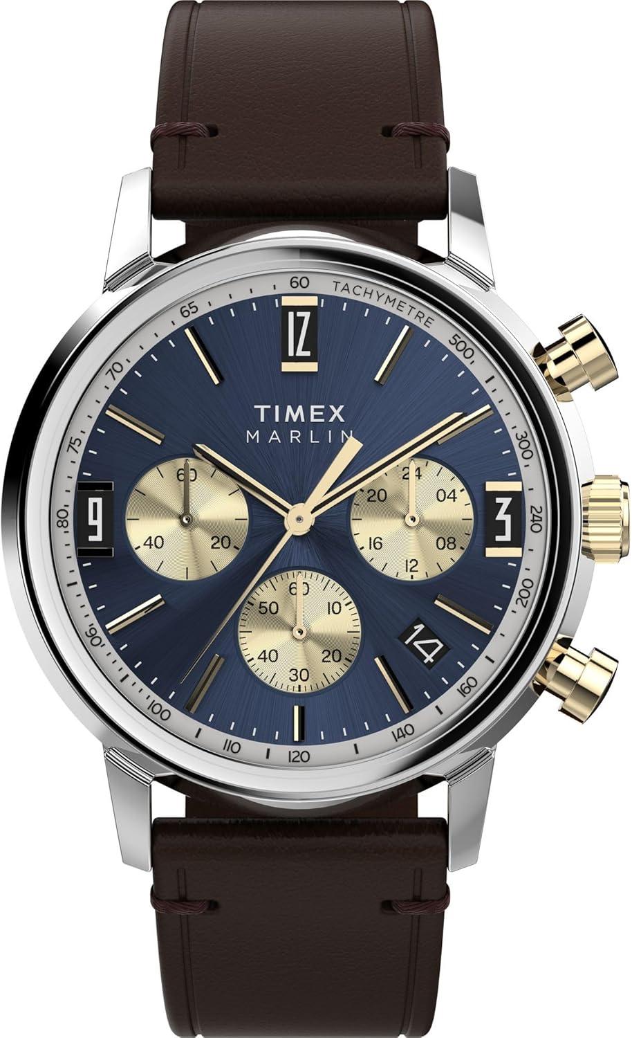 Timex Men's Marlin Quartz Chronograph 40mm Watch - Brown Strap Blue Dial Two-Tone Case