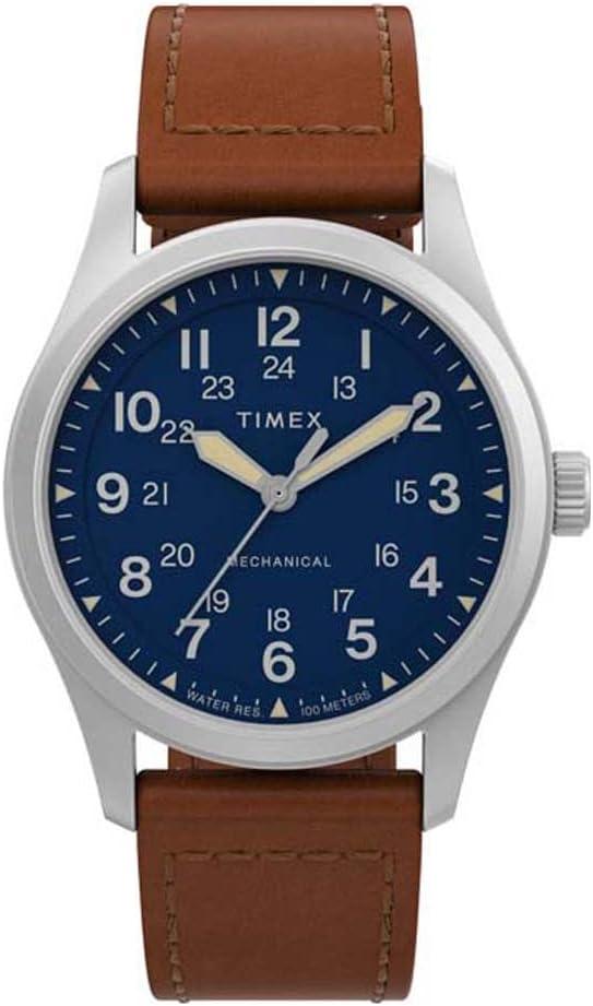 Timex Men's Expedition North Field Post Mechanical 38mm Watch – Blue Dial Stainless Steel Case with Brown Ecco DriTan Leather Strap