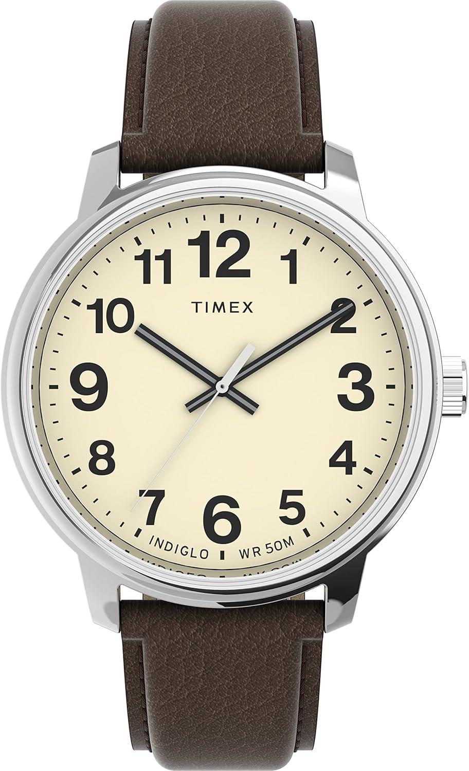Timex Men's Easy Reader Bold 43mm Watch – Silver-Tone Case with Brown Leather Strap