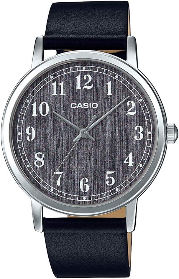 Casio MTP-E145L-1B Men's Minimalist Grey Wood Pattern Dial Leather Band Analog Watch