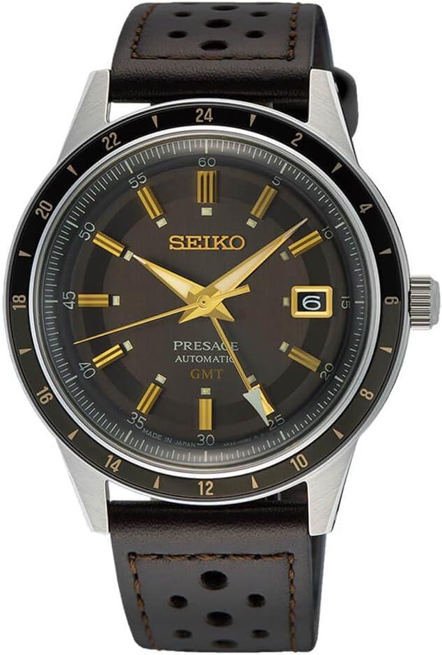 SEIKO Men's Satin Black Dial Brown Grained Leather Band Presage Automatic GMT Analog Watch