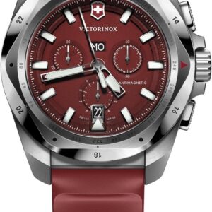 Victorinox I.N.O.X. Chrono 43mm Men’s Watch – Silver Stainless Steel Case, Red Dial, and Red Rubber Strap