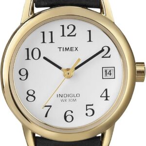 Timex Women’s Easy Reader 25mm Watch – Gold-Tone Case, White Dial, Black Leather Strap