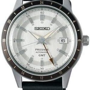 SEIKO Men’s Grey Dial Black Leather Band Presage Automatic GMT Analog Watch