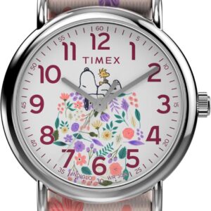Timex Women’s Peanuts Floral 38mm Watch – Pink Strap White Dial Silver-Tone Case