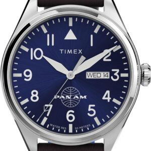 Timex Men’s X Pan Am Day-Date 42mm Watch – Brown Strap Blue Dial