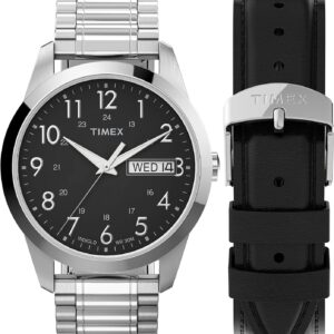 Timex Men’s South Street Sport 36mm Watch Box Set – Silver-Tone Case Black Dial with Silver-Tone Expansion Band + Black Leather Strap