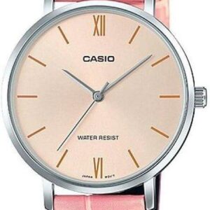 Casio LTP-VT01L-4B Women’s Minimalistic Peach Dial Pink Leather Band Analog Watch