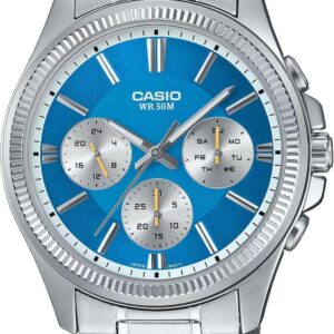 Casio MTP1375D-2A2V Men’s Stainless Steel Fluted Bezel Multifunction Aqua Blue Dial Watch