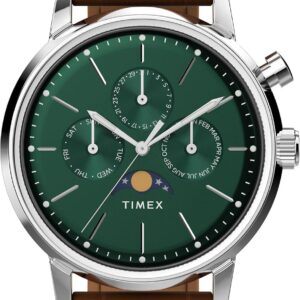 Timex Men’s Marlin Moon Phase 40mm Watch – Brown Strap Green Dial Stainless Steel Case