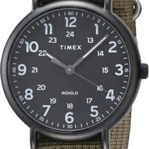 Timex Men’s Weekender XL 43mm Watch – Black Case Black Dial with Olive Fabric Strap