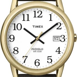Timex T2H291 Men’s Indiglo Easy Reader Gold Tone White Dial Leather Band Analog Watch