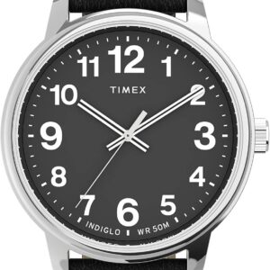 Timex Men’s Easy Reader Bold 43mm Watch – Silver-Tone Case Black Dial with Black Leather Strap