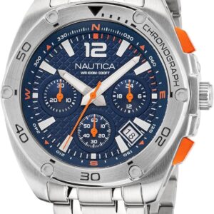 Nautica Men’s Tin Can Bay Chrono Stainless Steel Bracelet and Blue Silicone Strap Watch