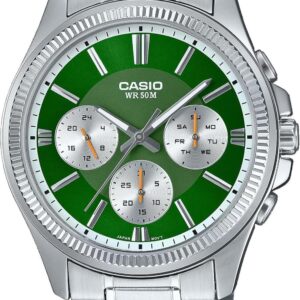 Casio MTP1375D-3AV Men’s Stainless Steel Fluted Bezel Multifunction Green Dial Watch