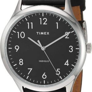 Timex Men’s Modern Easy Reader 40mm Watch – Silver-Tone Case Black Dial with Black Genuine Leather Strap