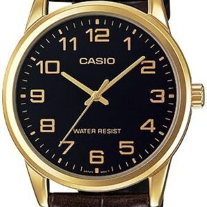 Casio MTP-V001GL-1B Men’s Gold Tone Leather Band Easy Reader Black Dial Watch