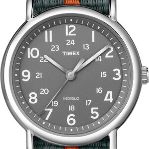 Timex Unisex Weekender 38mm Watch – Silver-Tone Case Gray Dial with Gray & Orange Fabric Slip-Thru Strap