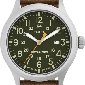 Timex Men’s Expedition Scout 40mm Watch – Silver-Tone Case Green Dial with Brown Leather Strap