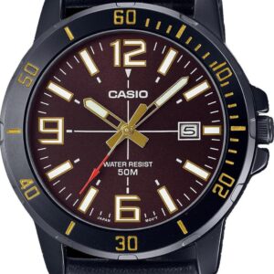 Casio MTP-VD01BL-5BV Men’s Enticer Black IP Leather Band Brown Dial Watch