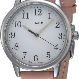Timex Women’s Easy Reader 30mm Watch β Silver-Tone Case White Dial with Blush Leather Strap