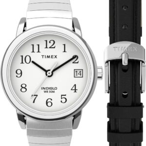 Timex Women’s Easy Reader 25mm Watch Box Set – Silver-Tone Case White Dial with Tapered Expansion Band + Black Leather Strap