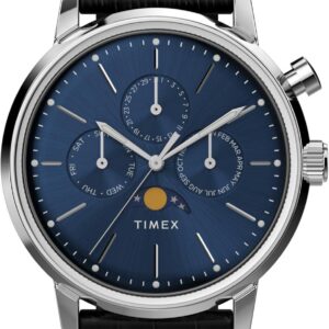 Timex Men’s Marlin Moon Phase 40mm Watch – Black Strap Blue Dial Stainless Steel Case
