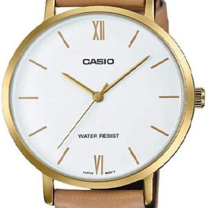 Casio LTP-VT01GL-7B Women’s Minimalistic Gold Tone Brown Leather Band White Dial 3-Hand Analog Watch