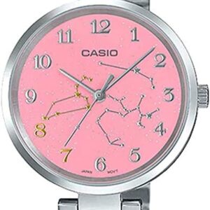 Casio LTP-E02D-4A Women’s Stainless Steel Pink Leo Zodiac Motif Dial Analog Watch
