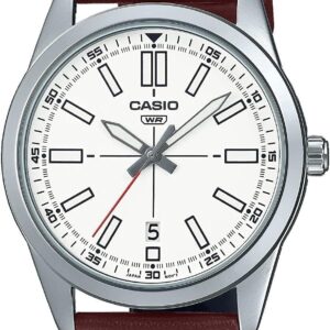 Casio MTP-VD02L-7E Men’s Dress Leather Band White Dial 3-Hand Analog Watch