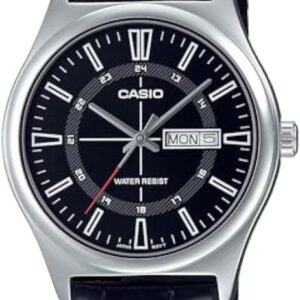 Casio MTP-V006L-1C Men’s Leather Band 24 Hour Black Index Dial Day Date 3-Hand Analog Watch