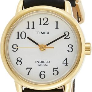 Timex Women’s Easy Reader 25mm Watch – Gold-Tone Case White Dial with Black Leather Strap