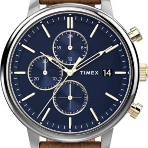 Timex Men’s Chicago Chronograph 45mm Watch – Blue Dial Two-Tone Case with Brown Leather Strap